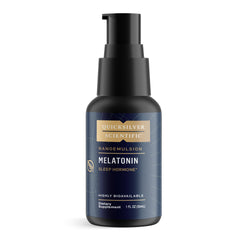 Quicksilver Liposomal Melatonin bottle pour highlights fast uptake for bedtime support.