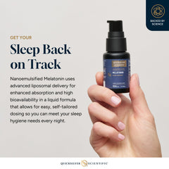 Quicksilver Liposomal Melatonin label front emphasizes purity and non-GMO formulation.