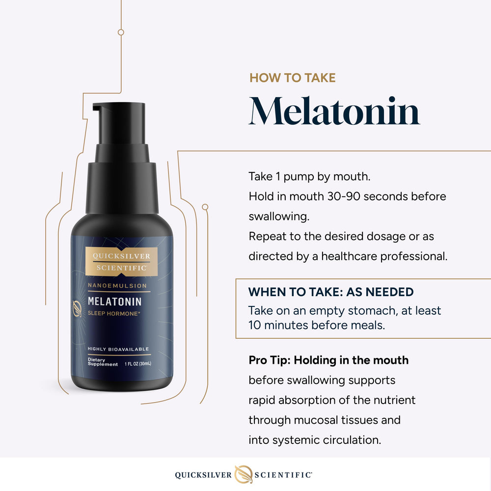 Quicksilver Liposomal Melatonin night scene suggests peaceful sleep potential.