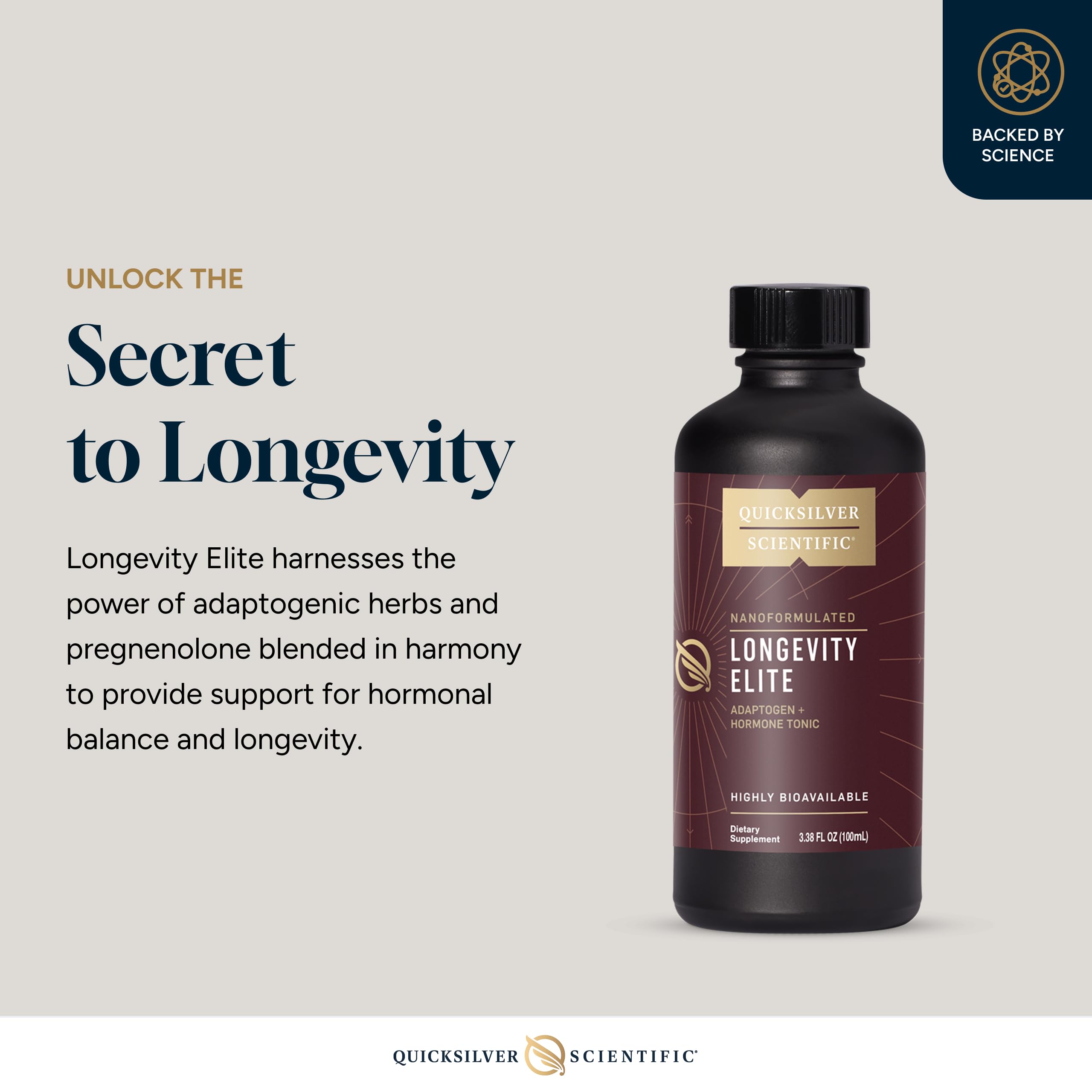 Quicksilver Longevity Elite herbal blend close-up highlights adaptogenic ingredients.