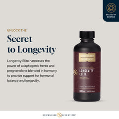 Quicksilver Longevity Elite herbal blend close-up highlights adaptogenic ingredients.