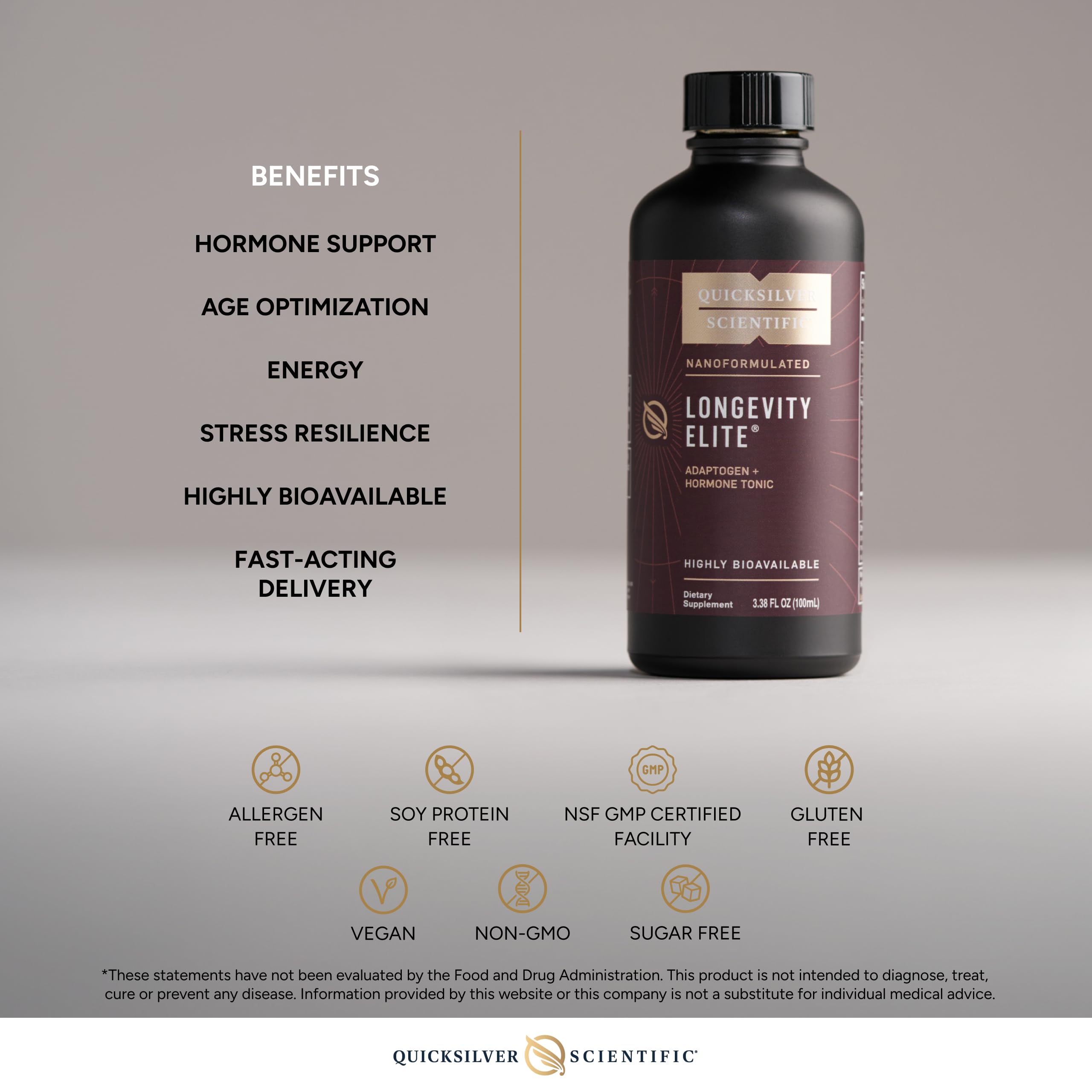 Quicksilver Longevity Elite pregnenolone bottle emphasizes hormonal balance potential.