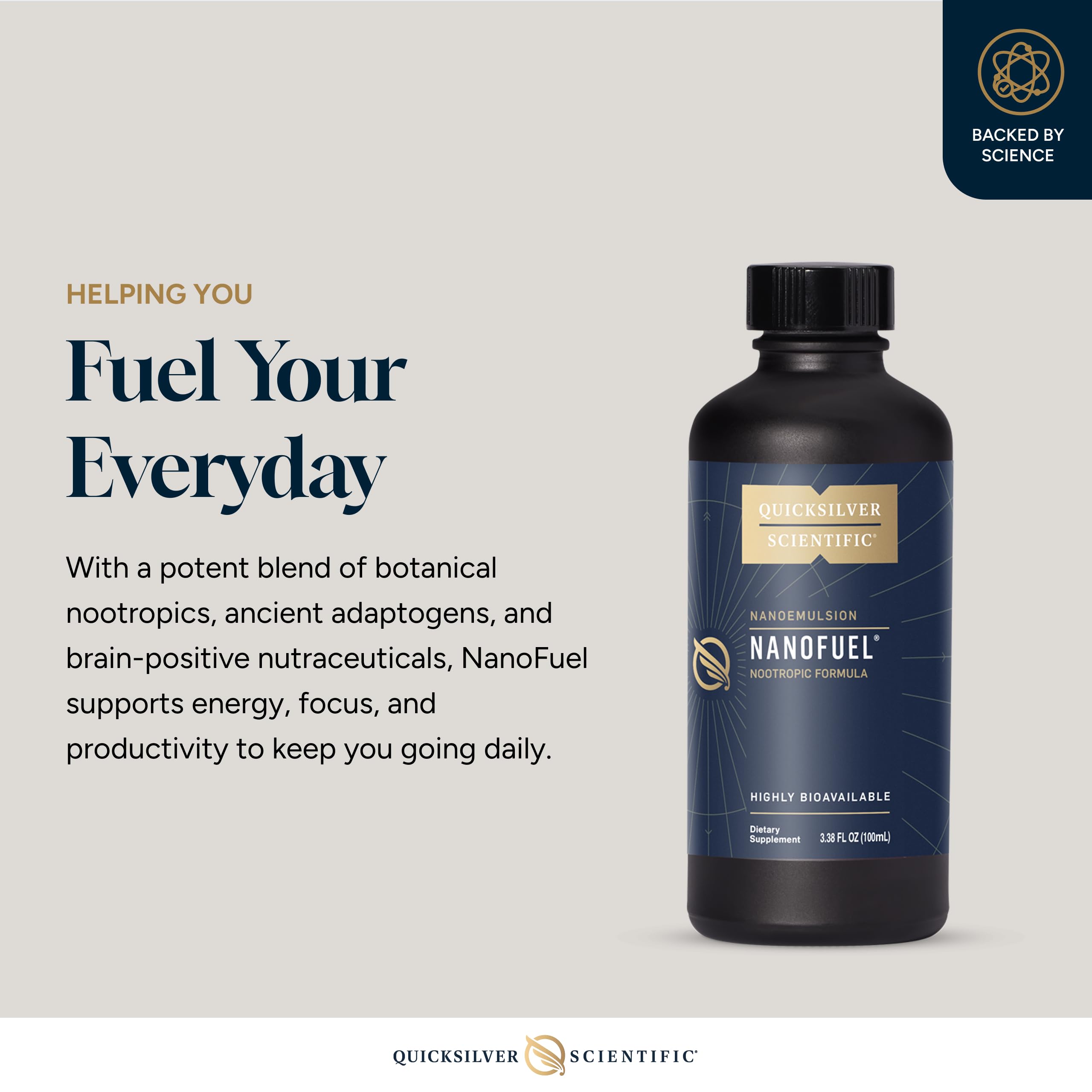 Quicksilver NanoFuel label close-up highlighting botanical nootropics