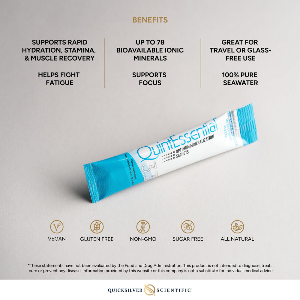 Quicksilver Quintessential 3.3 sachets highlight bioavailable ionic minerals