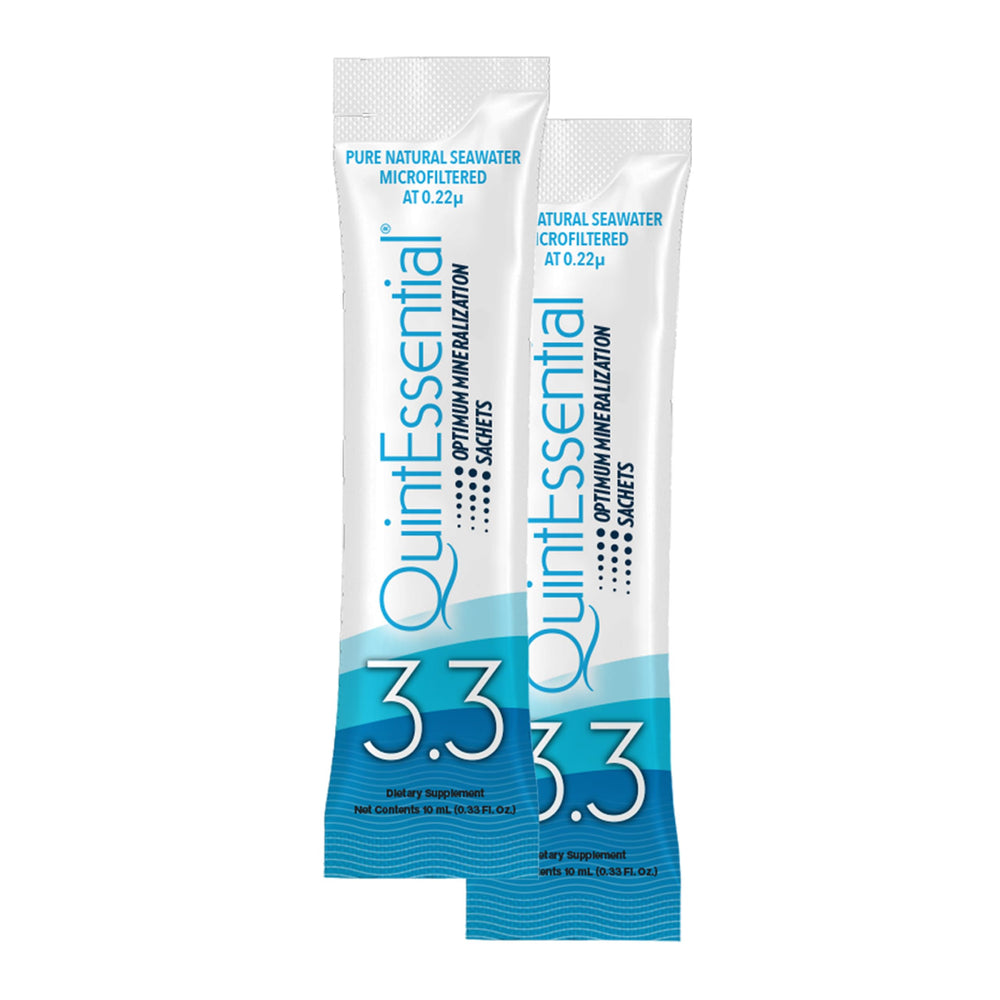 Quicksilver Quintessential 3.3 sachets packaging for travel hydration and mineral replenishment