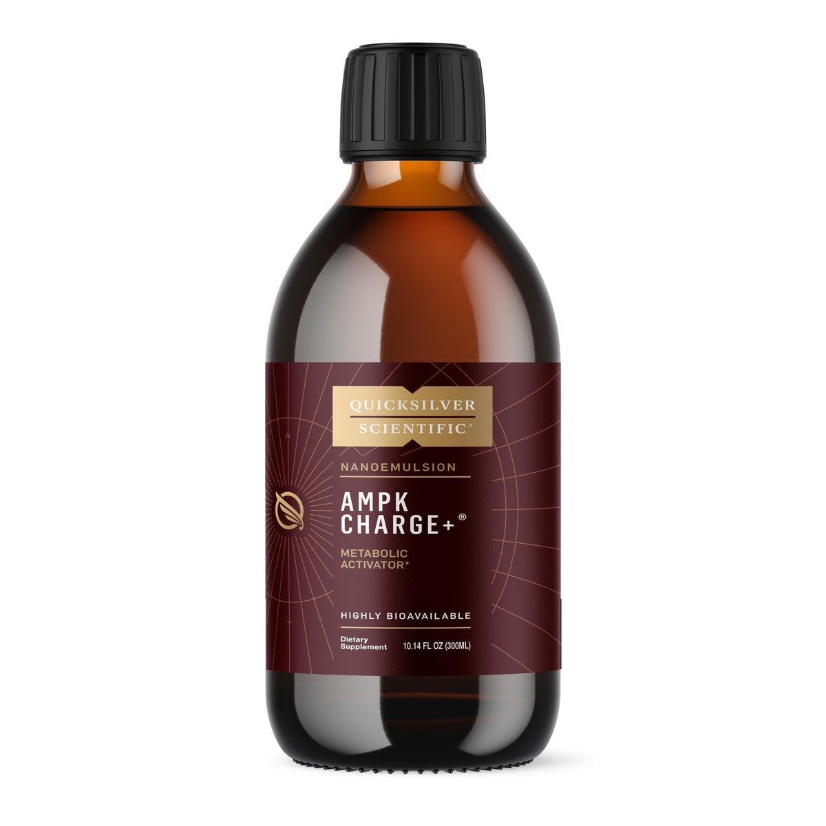 Quicksilver AMPK Charge+ bottle close-up for metabolic support and energy balance.