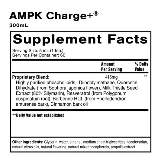 Quicksilver AMPK Charge+ packaging side view highlighting keto-friendly support and fat metabolism.