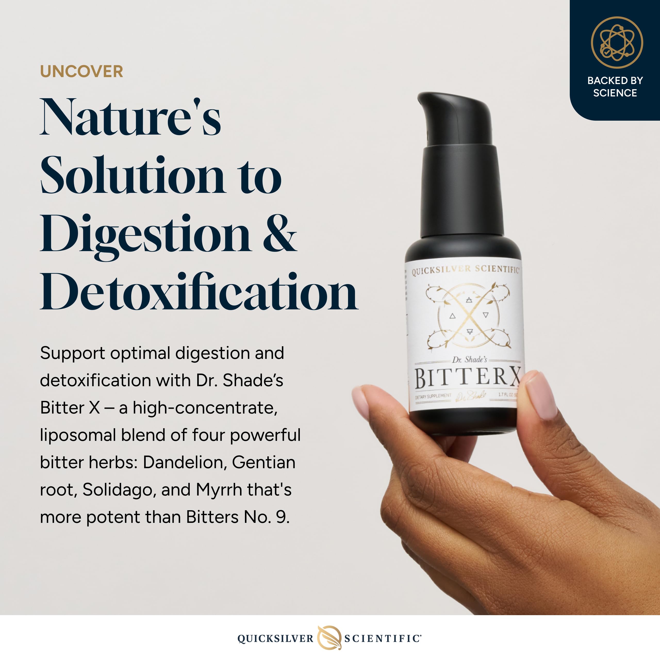 Dr. Shade's BitterX label emphasizes Gentian and Dandelion for digestive support.