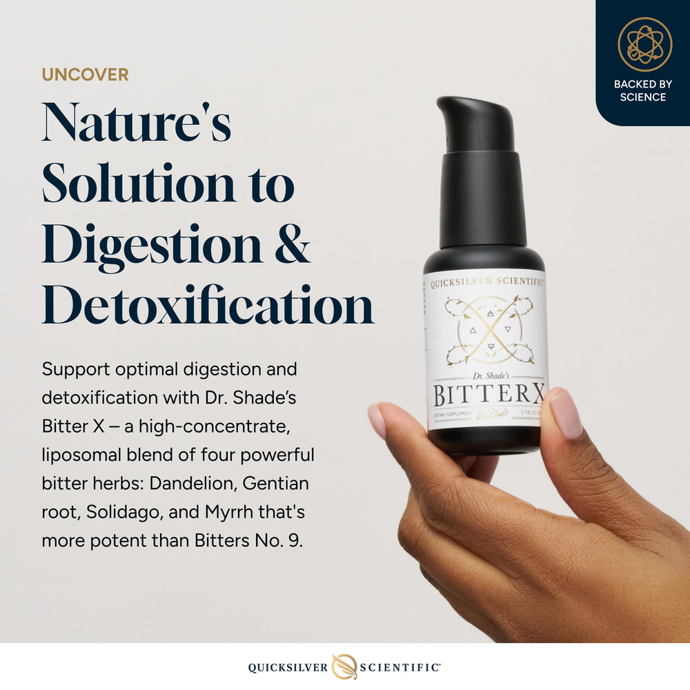 Dr. Shade's BitterX label emphasizes Gentian and Dandelion for digestive support.
