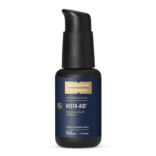 Quicksilver Scientific Hista-Aid bottle pour highlighting fast-acting liposomal delivery.