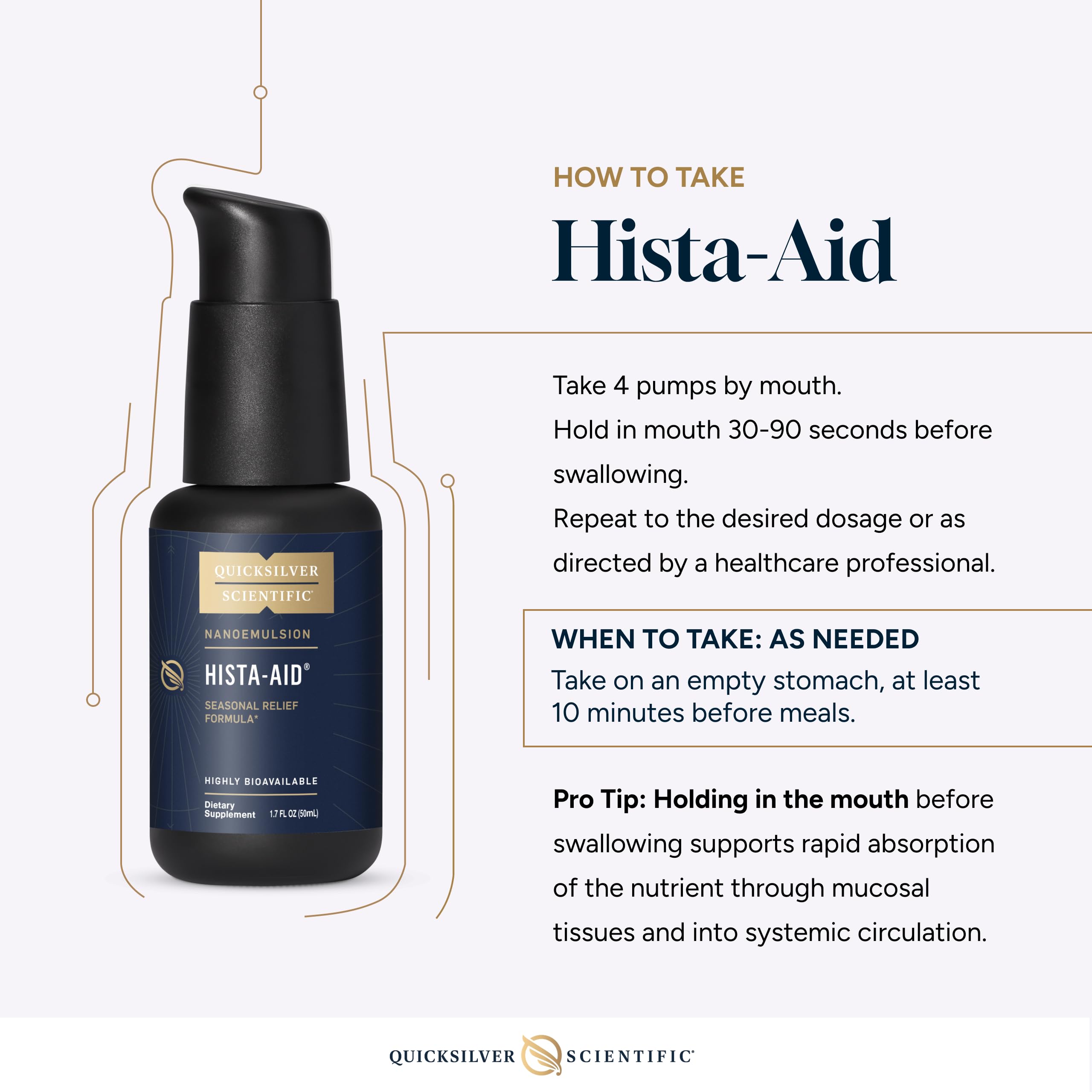 Quicksilver Scientific Hista-Aid in-use shot suggests daily routine and quick mouth absorption.