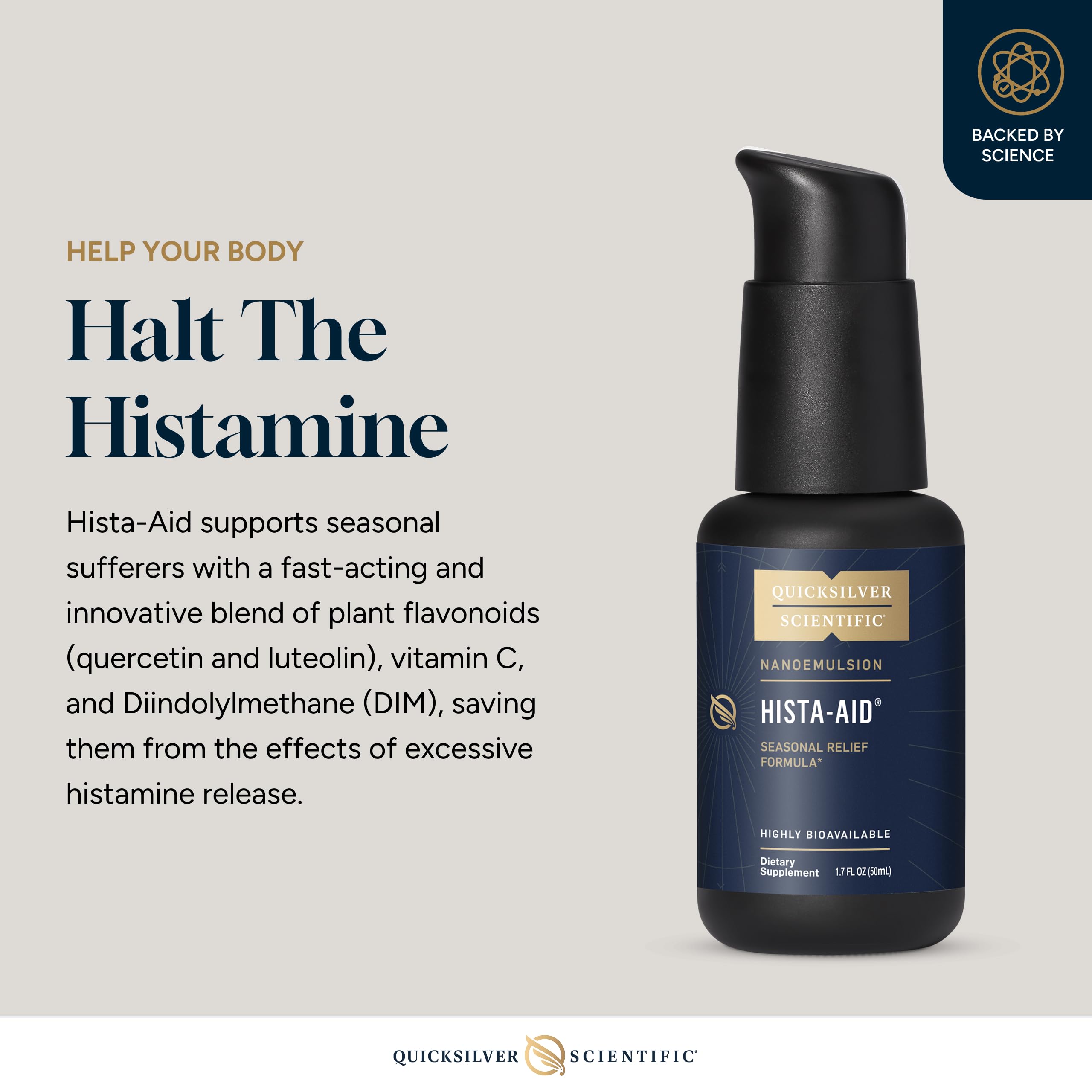 Quicksilver Scientific Hista-Aid liposomal matrix highlights nanoemulsion delivery.