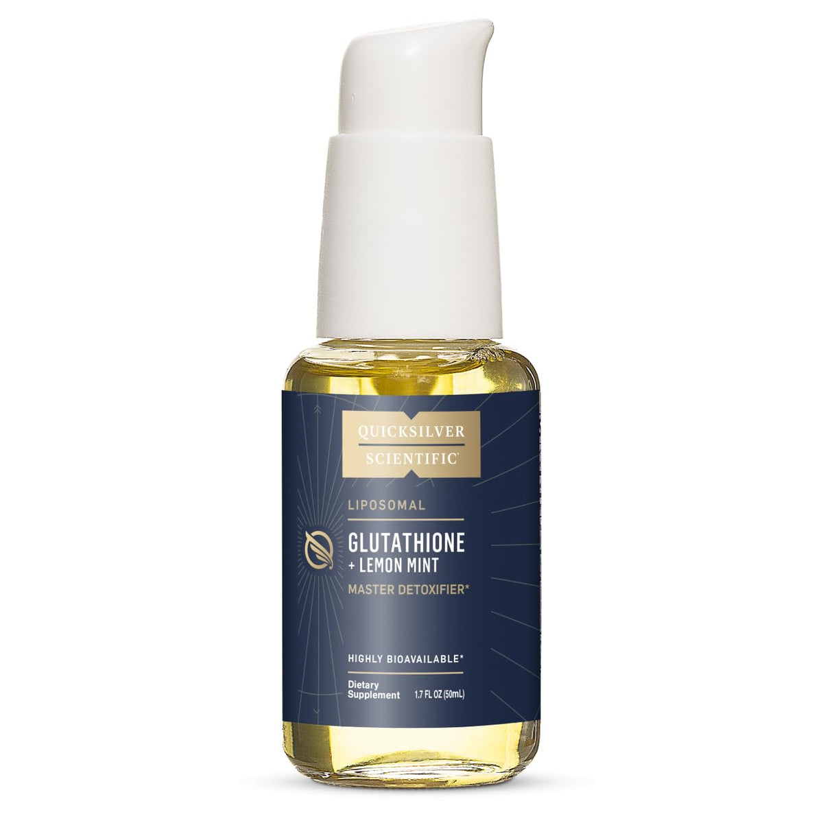Quicksilver Scientific Liposomal Glutathione Lemon Mint bottle emphasizes detox support.