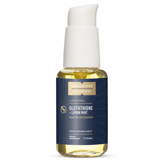 Quicksilver Scientific Liposomal Glutathione Lemon Mint bottle emphasizes detox support.