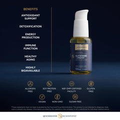 Quicksilver Scientific Liposomal Glutathione Lemon Mint glass highlights serving size.