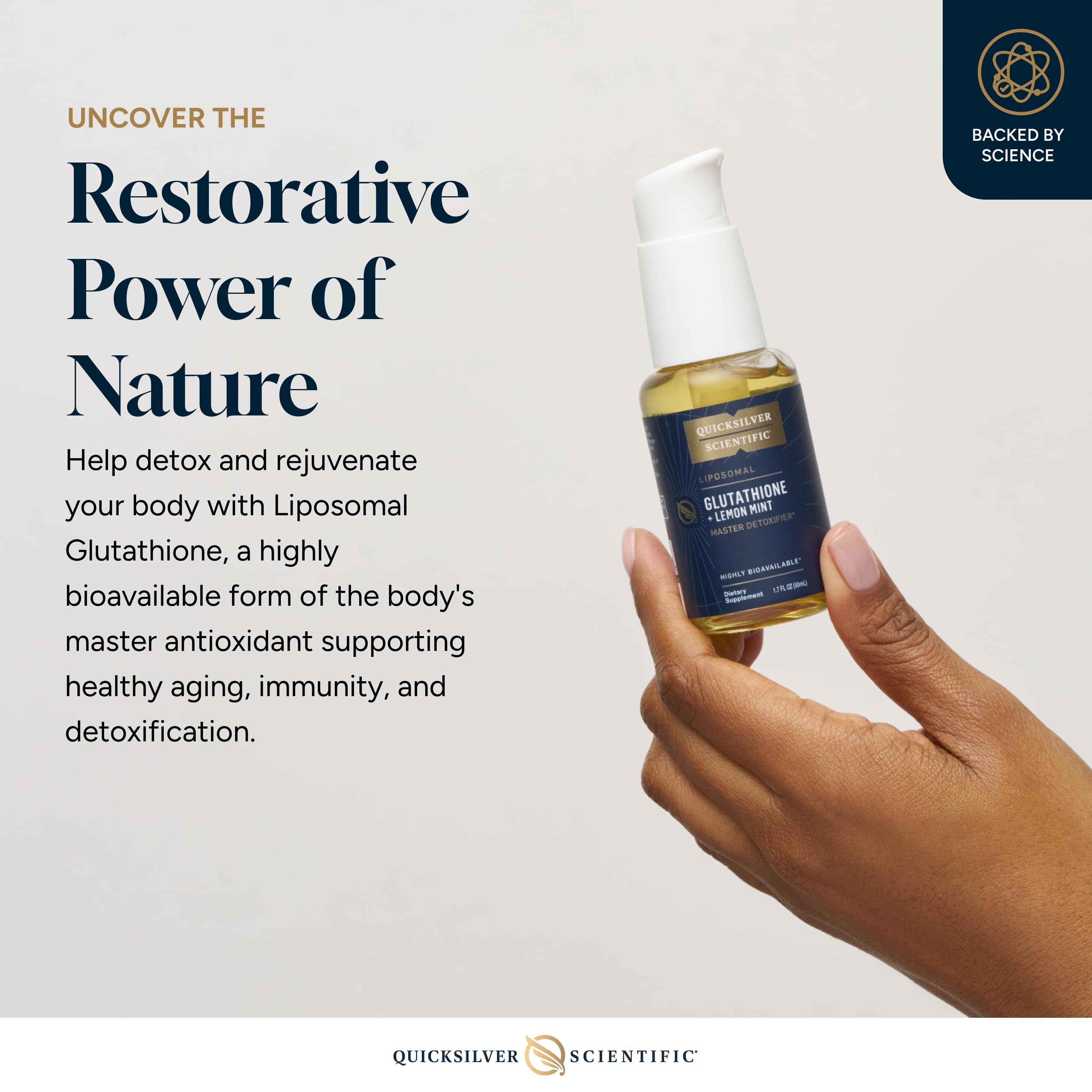 Quicksilver Scientific Liposomal Glutathione Lemon Mint label shows gluten-free and non-GMO notes.