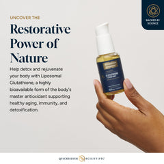 Quicksilver Scientific Liposomal Glutathione Lemon Mint label shows gluten-free and non-GMO notes.