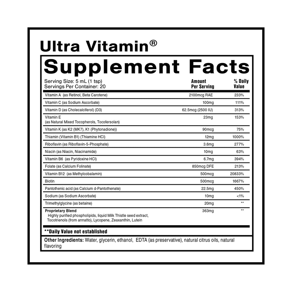 Close-up of the Liposomal Ultra Vitamin label highlighting liposome delivery and vitamins.