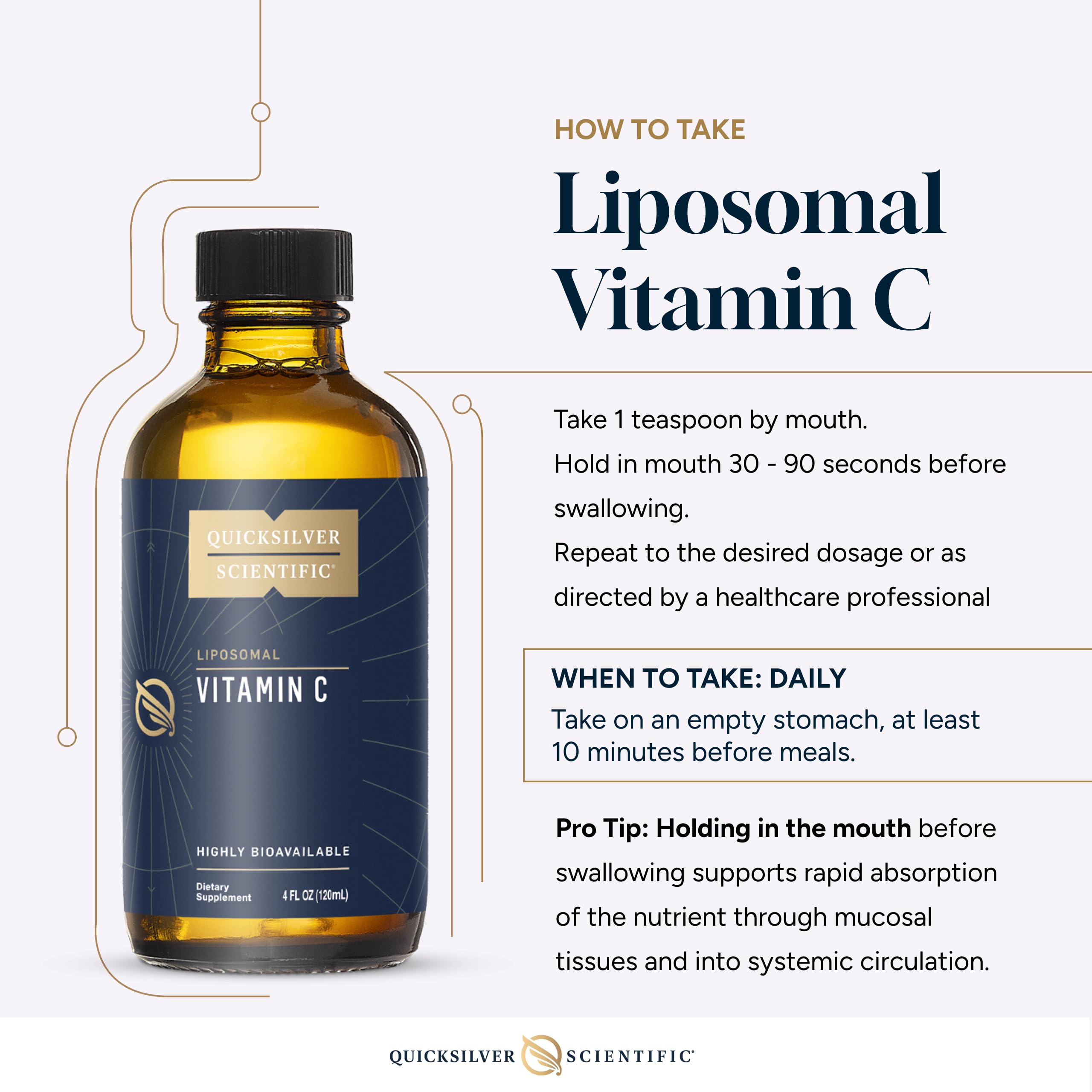 Quicksilver Scientific liposomal vitamin C bottle with glass emphasizes clarity