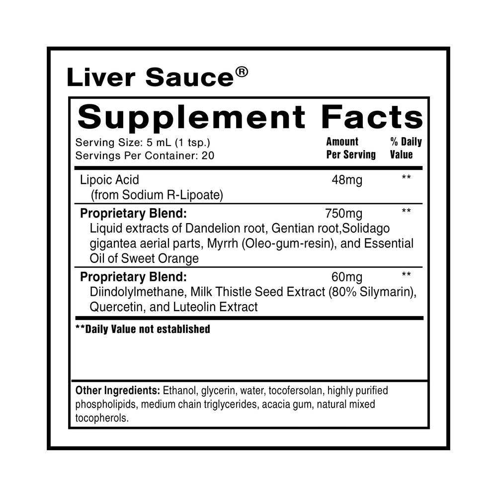 Pouring Liver Sauce bottle highlighting fast-acting detox support