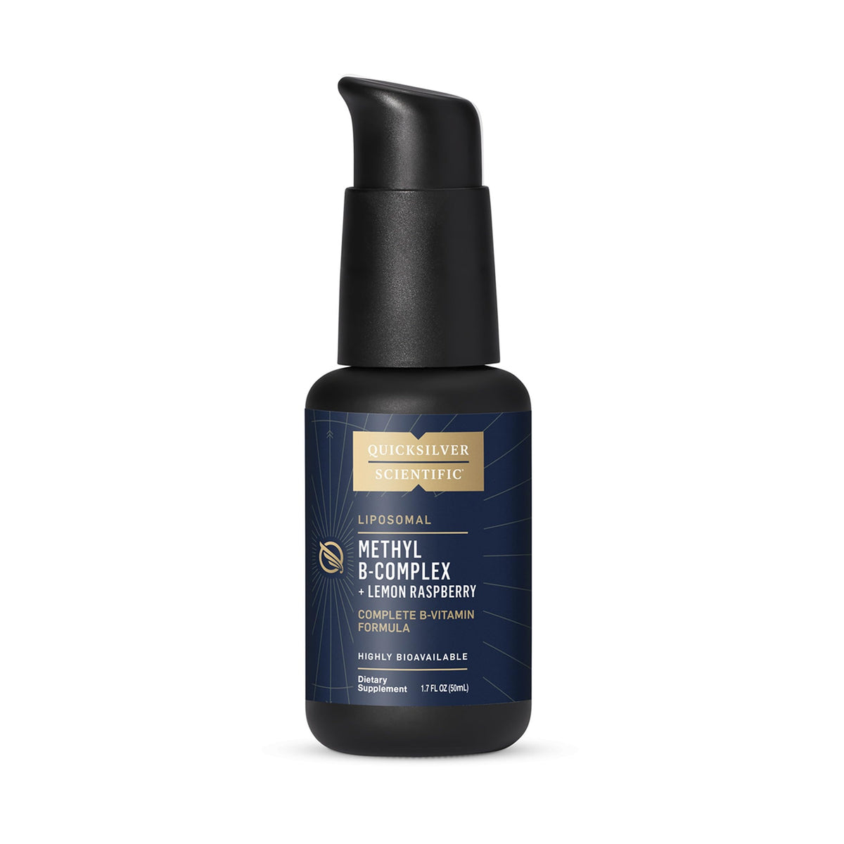 Quicksilver Scientific Methyl B Complex bottle highlighting liposomal liquid vitamins for quick absorption