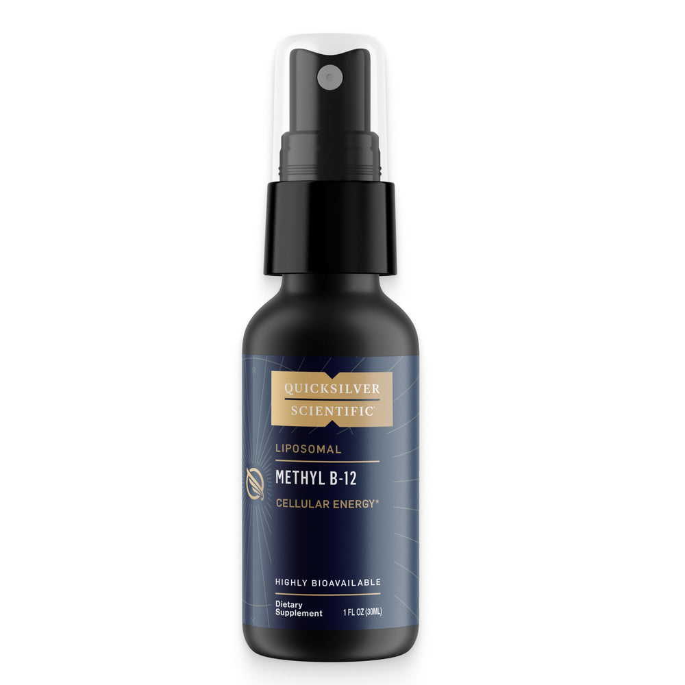 Quicksilver Scientific Methyl B12 bottle highlighting liposomal absorption for better uptake