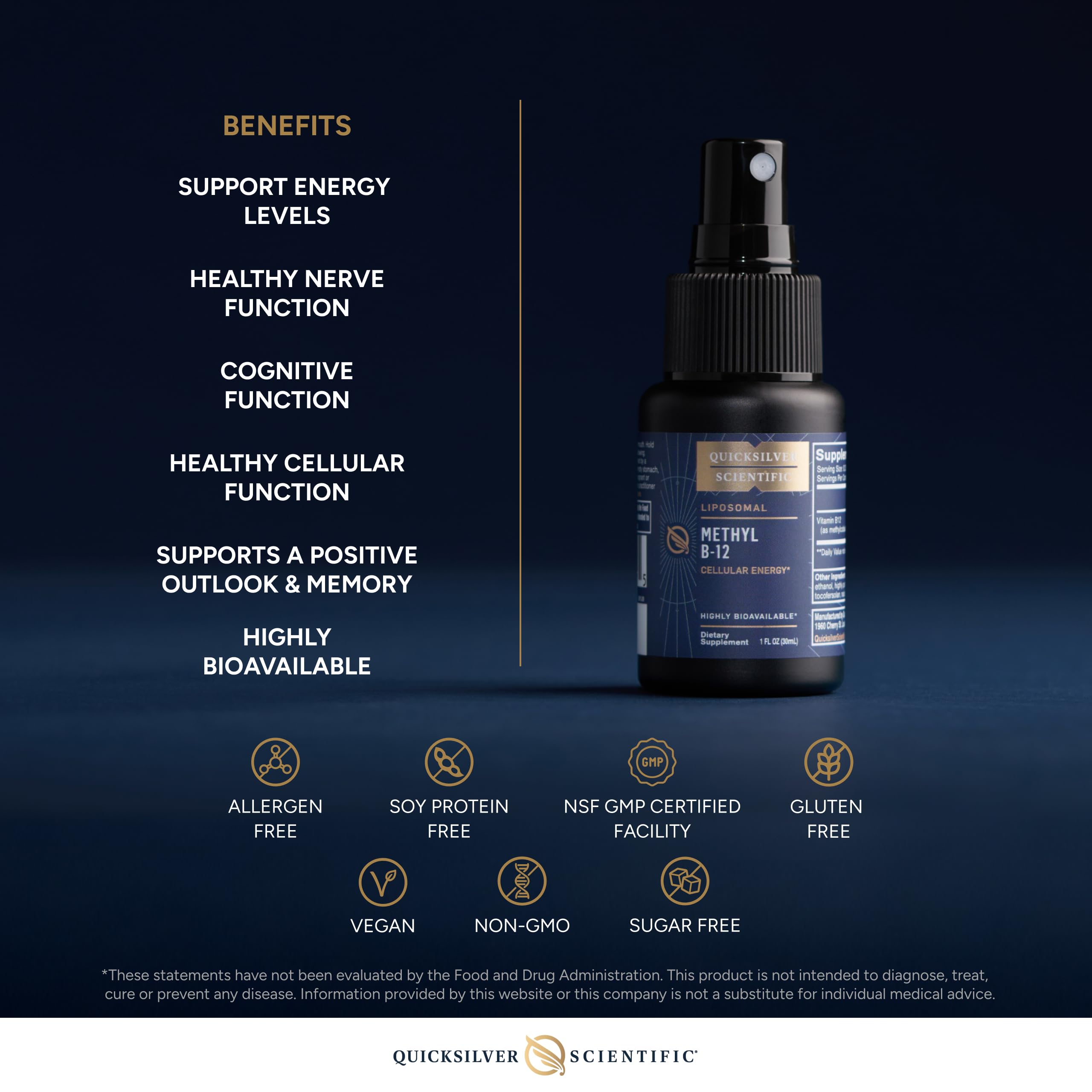 Clear Methyl B12 liquid from Quicksilver Scientific shows liposomal formula for fast absorption