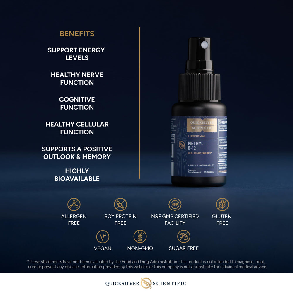 Clear Methyl B12 liquid from Quicksilver Scientific shows liposomal formula for fast absorption