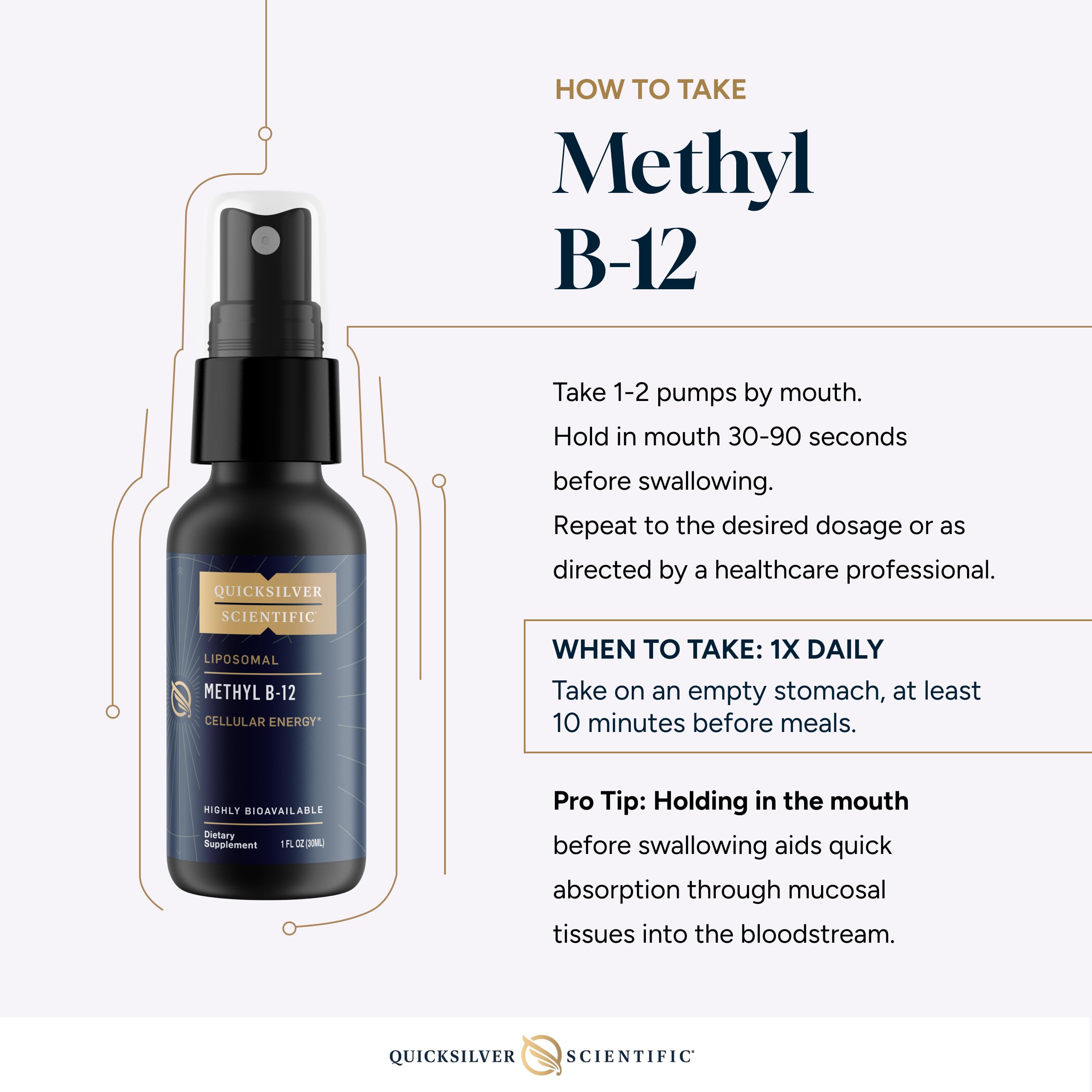 Packaging of Quicksilver Scientific Methyl B12 shows 90 servings for daily use