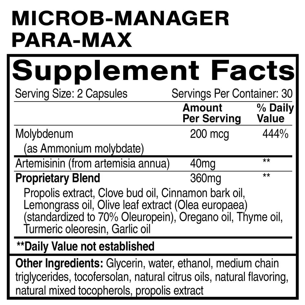 Quicksilver Scientific Microb-Manager Para-Max label showcasing botanical ingredients