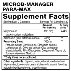 Quicksilver Scientific Microb-Manager Para-Max label showcasing botanical ingredients