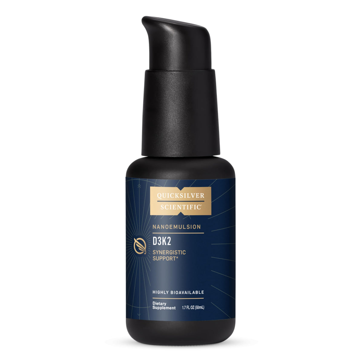 Quicksilver Scientific Nanoemulsified D3K2 bottle front shows liposomal delivery for fast absorption.