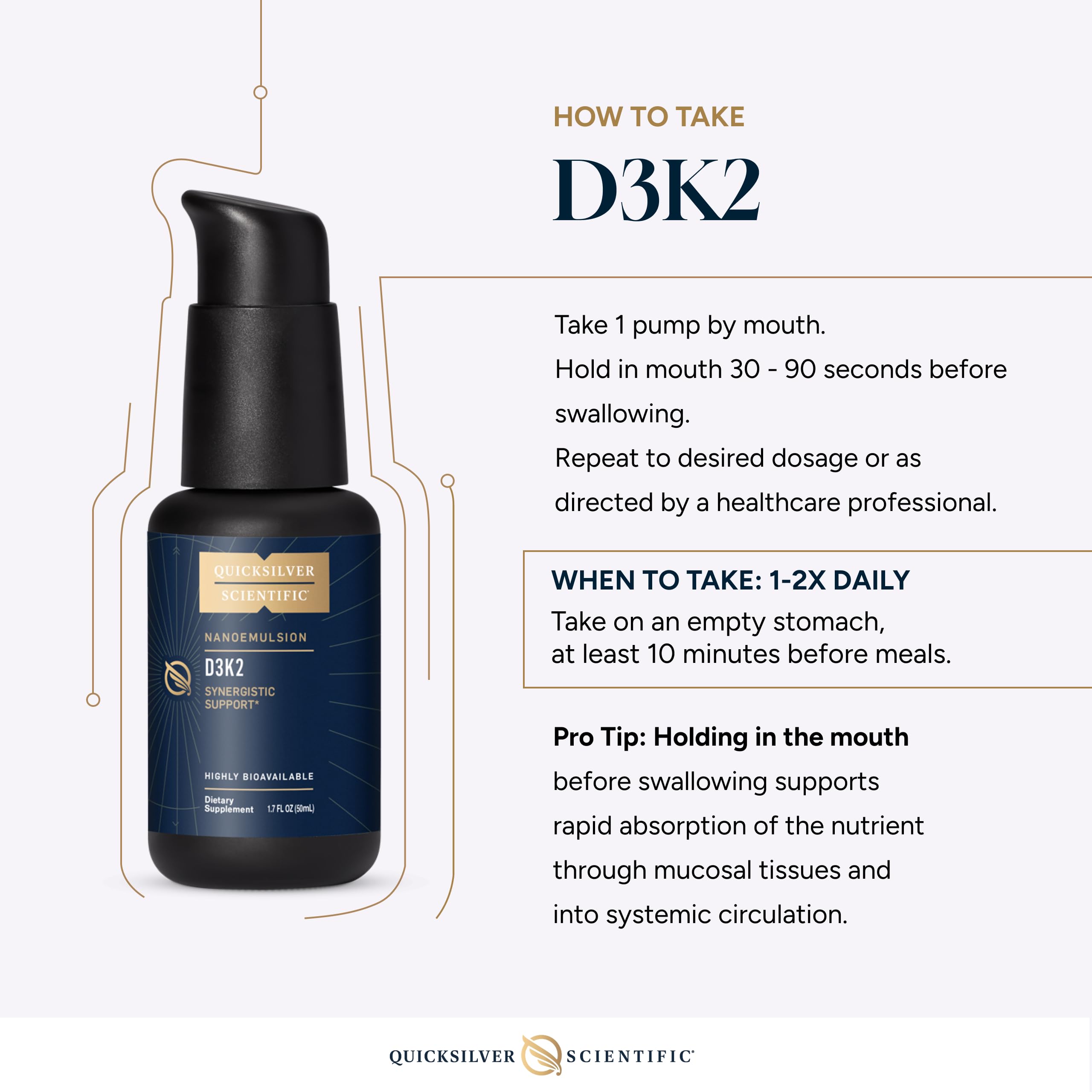 Quicksilver Scientific Nanoemulsified D3K2 packaging close-up conveys gluten-free, high-bioavailability formula.