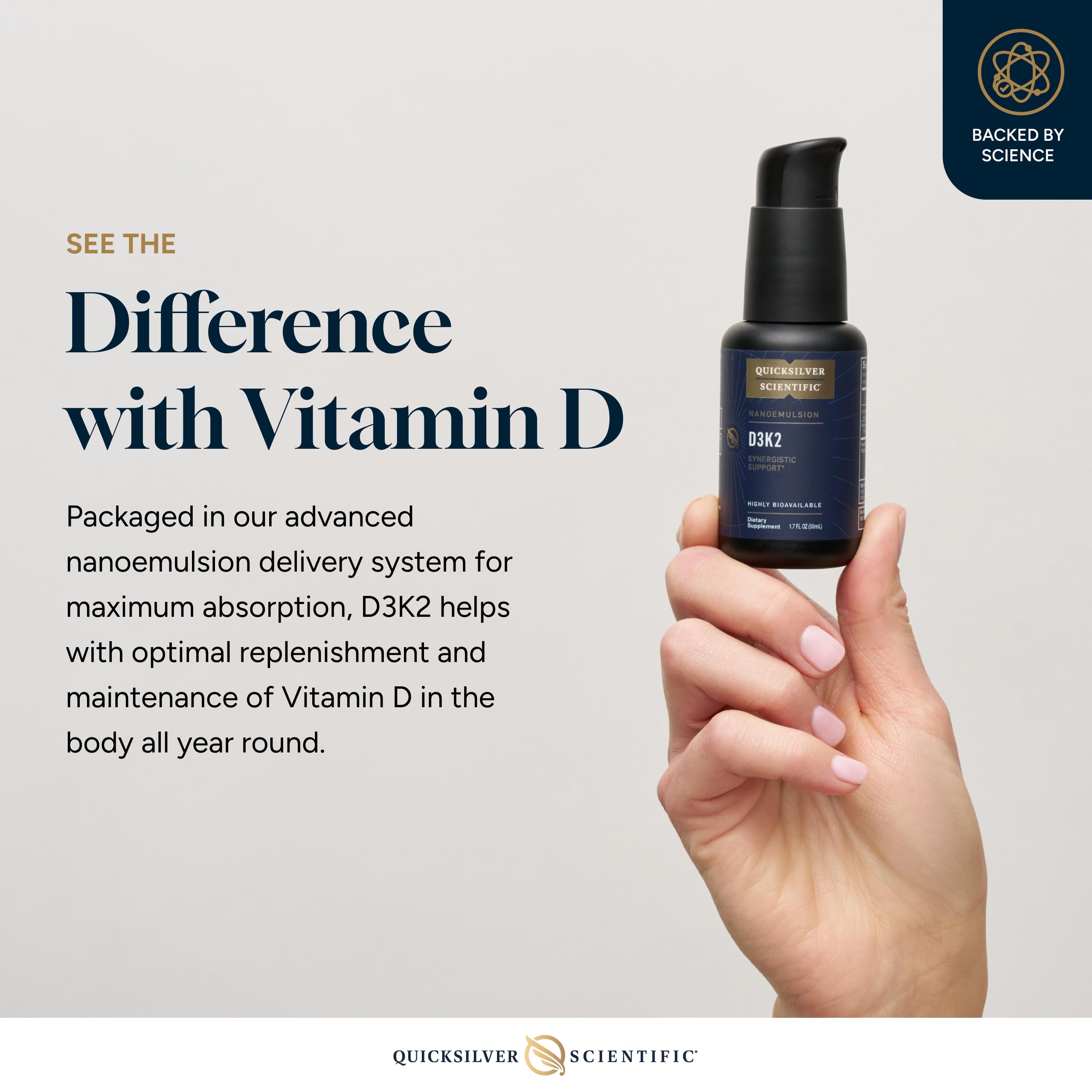 Quicksilver Scientific Nanoemulsified D3K2 serving pump highlights rapid mouth absorption.