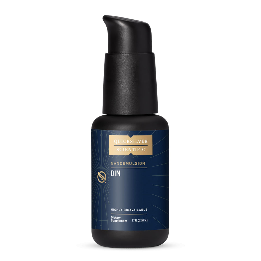 Quicksilver Scientific Nanoemulsified DIM bottle showing a fast absorbing liquid formula.