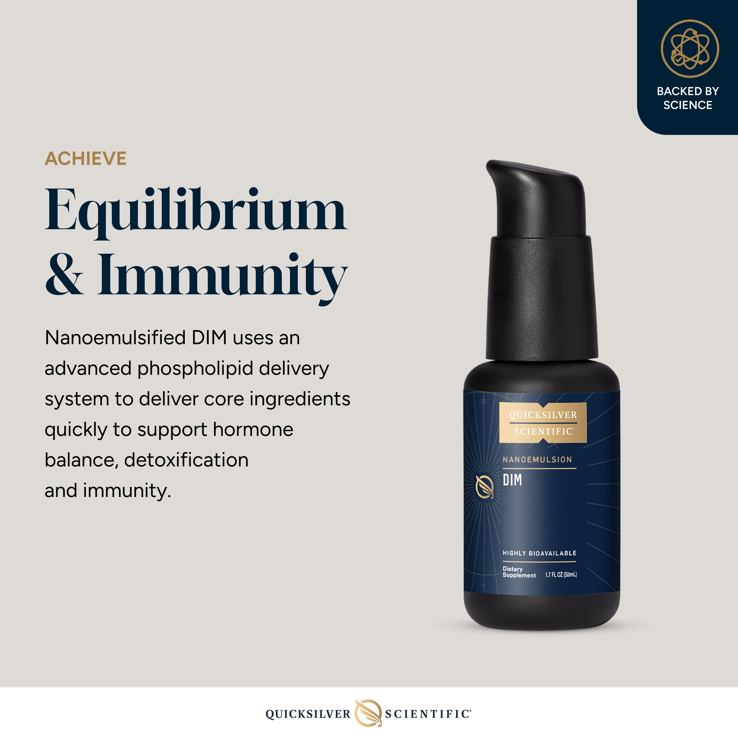 Quicksilver Scientific Nanoemulsified DIM label with product details and quality cues.