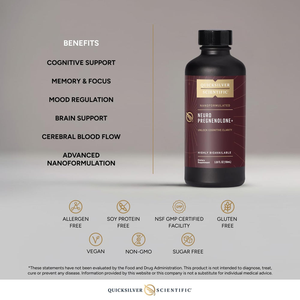 Quicksilver Scientific Neuro Pregnenolone+ label detail shows vegan and gluten-free attributes.