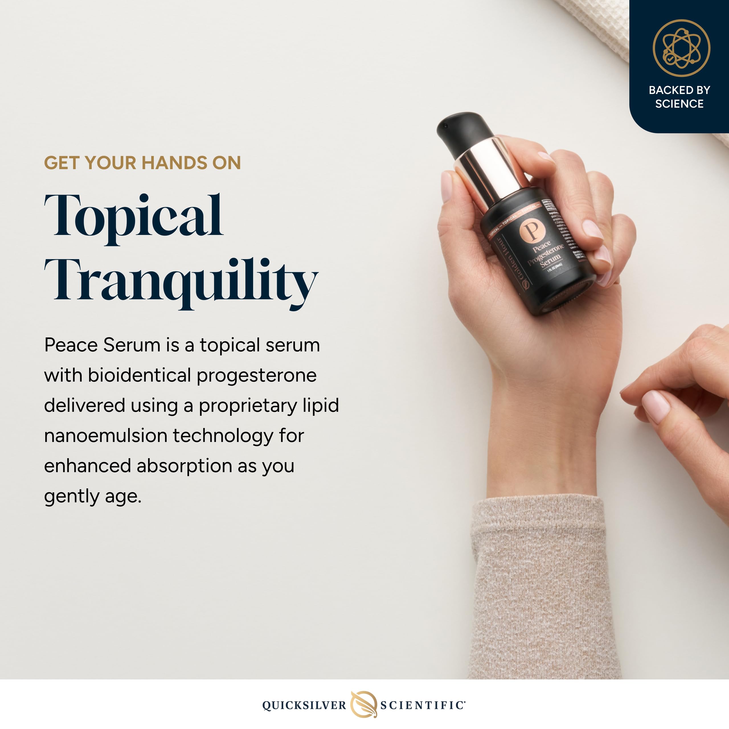Applying Peace Serum dropper delivers plant-based smoothing action.