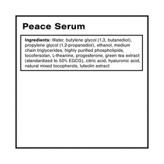 Close-up of Peace Serum label shows plant-based ingredients.