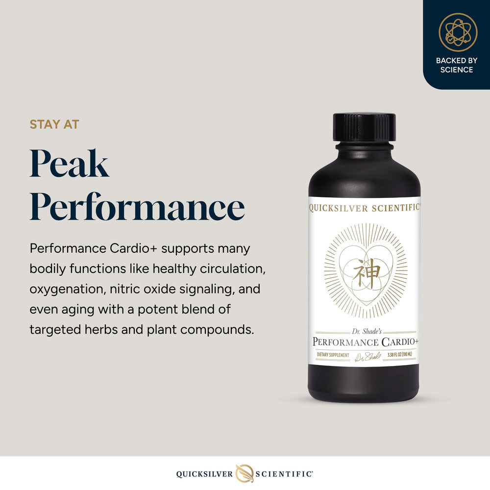Quicksilver Scientific Performance Cardio+ hawthorn berry and ginkgo ingredients highlight cardiovascular benefits.