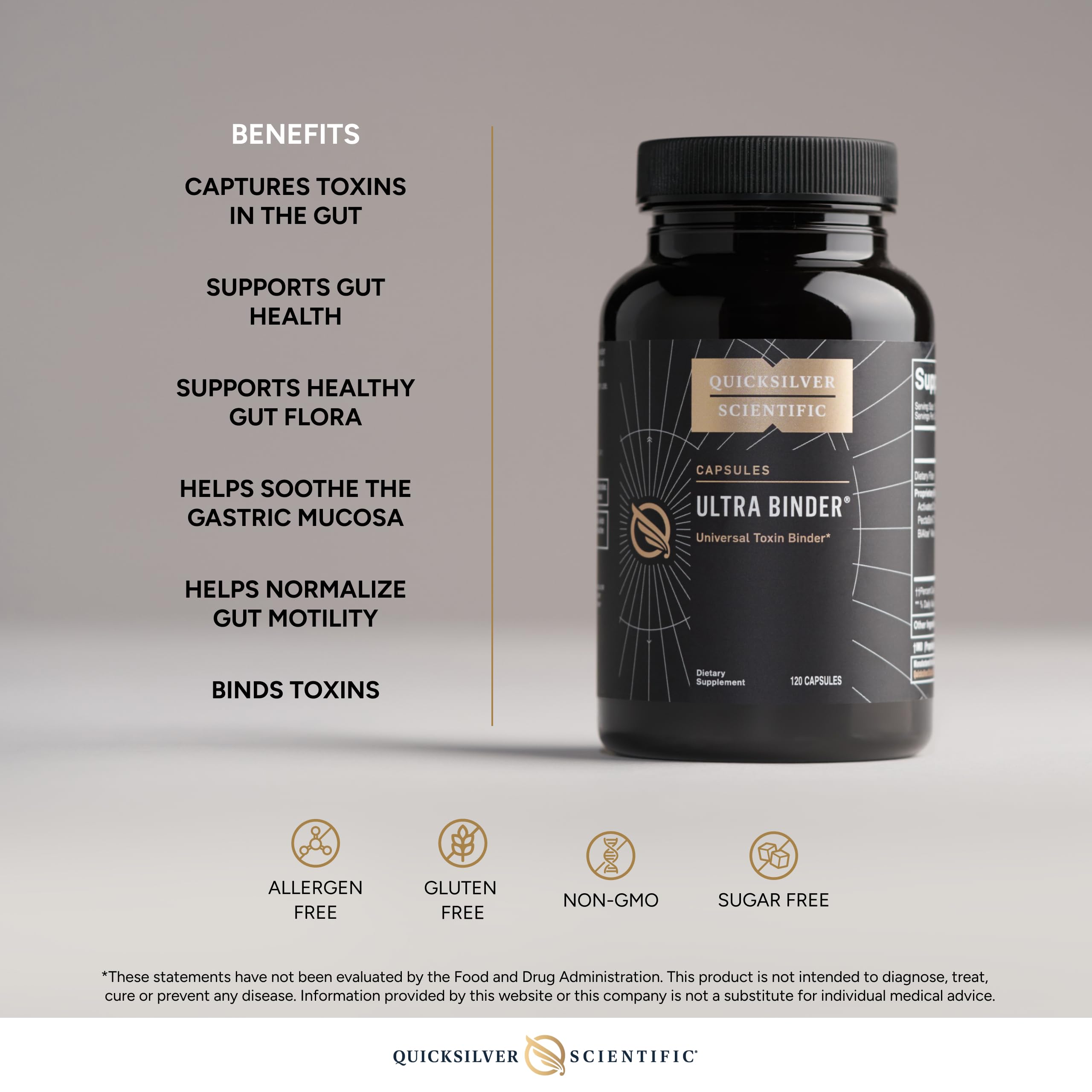 Quicksilver Scientific Ultra Binder ingredients matrix featuring bentonite, charcoal, and zeolite.