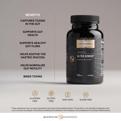 Quicksilver Scientific Ultra Binder ingredients matrix featuring bentonite, charcoal, and zeolite.