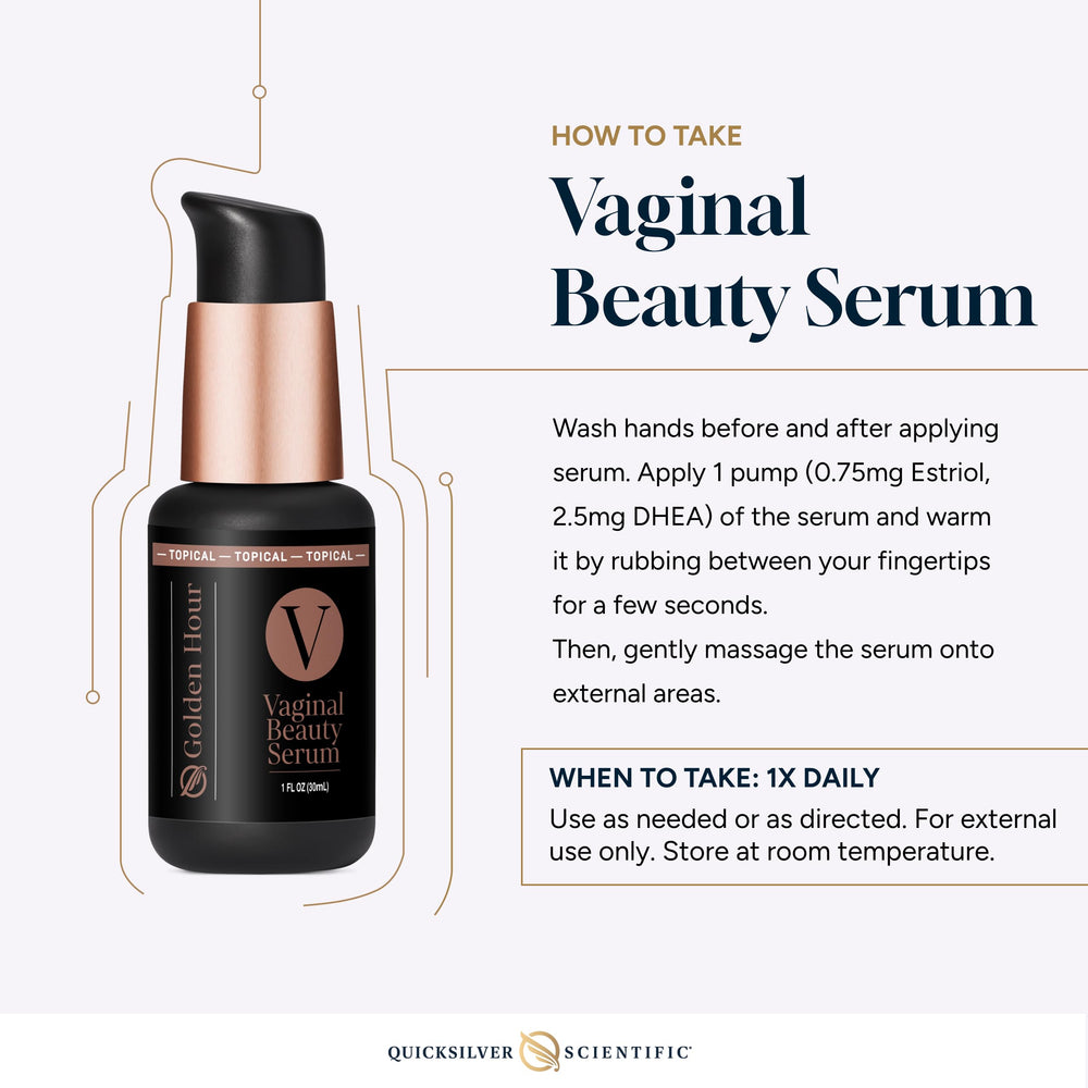 Quicksilver Scientific Vaginal Beauty Serum close-up highlights nanoemulsion texture and benefits.