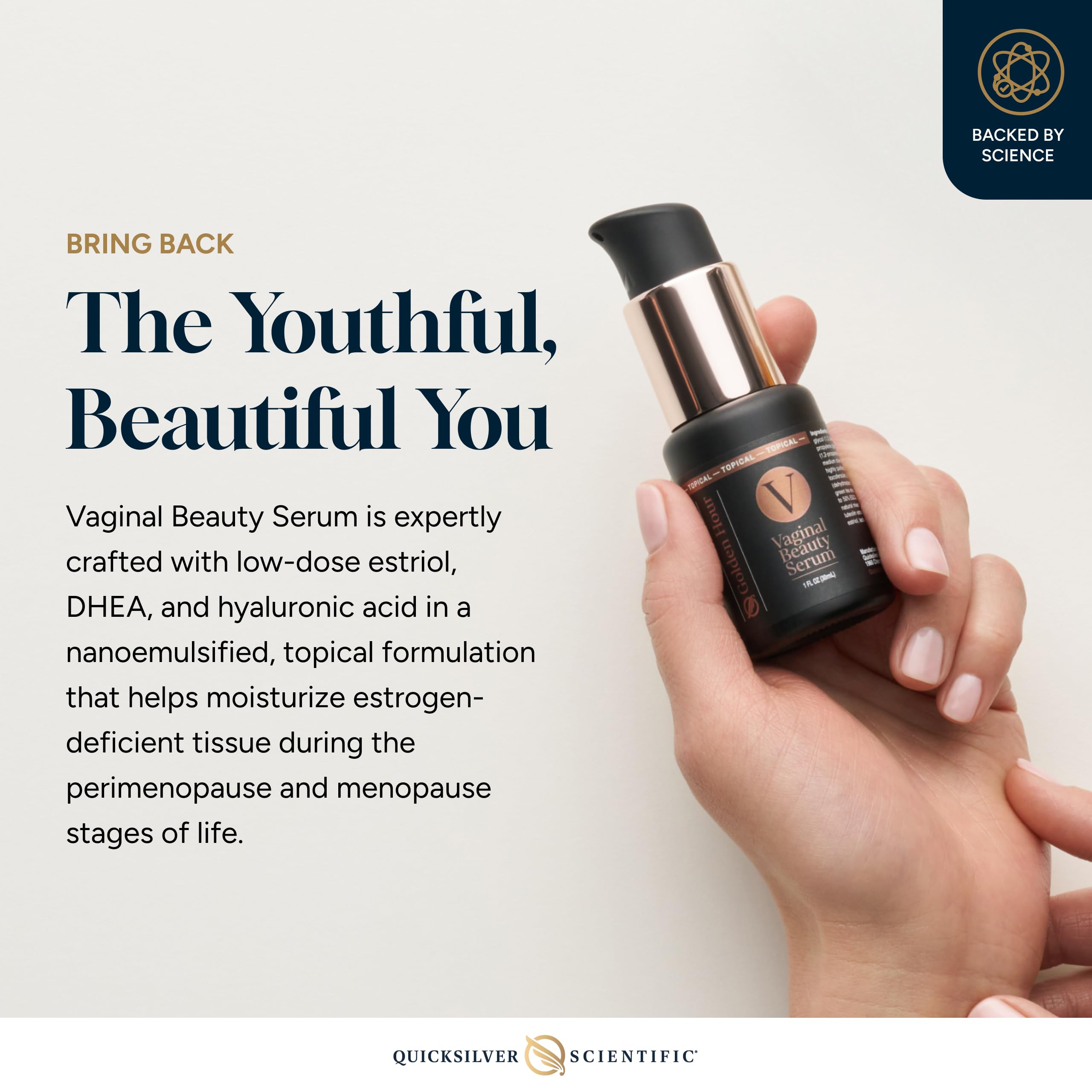 Quicksilver Scientific Vaginal Beauty Serum emulsion texture reveals silky feel and plump comfort.