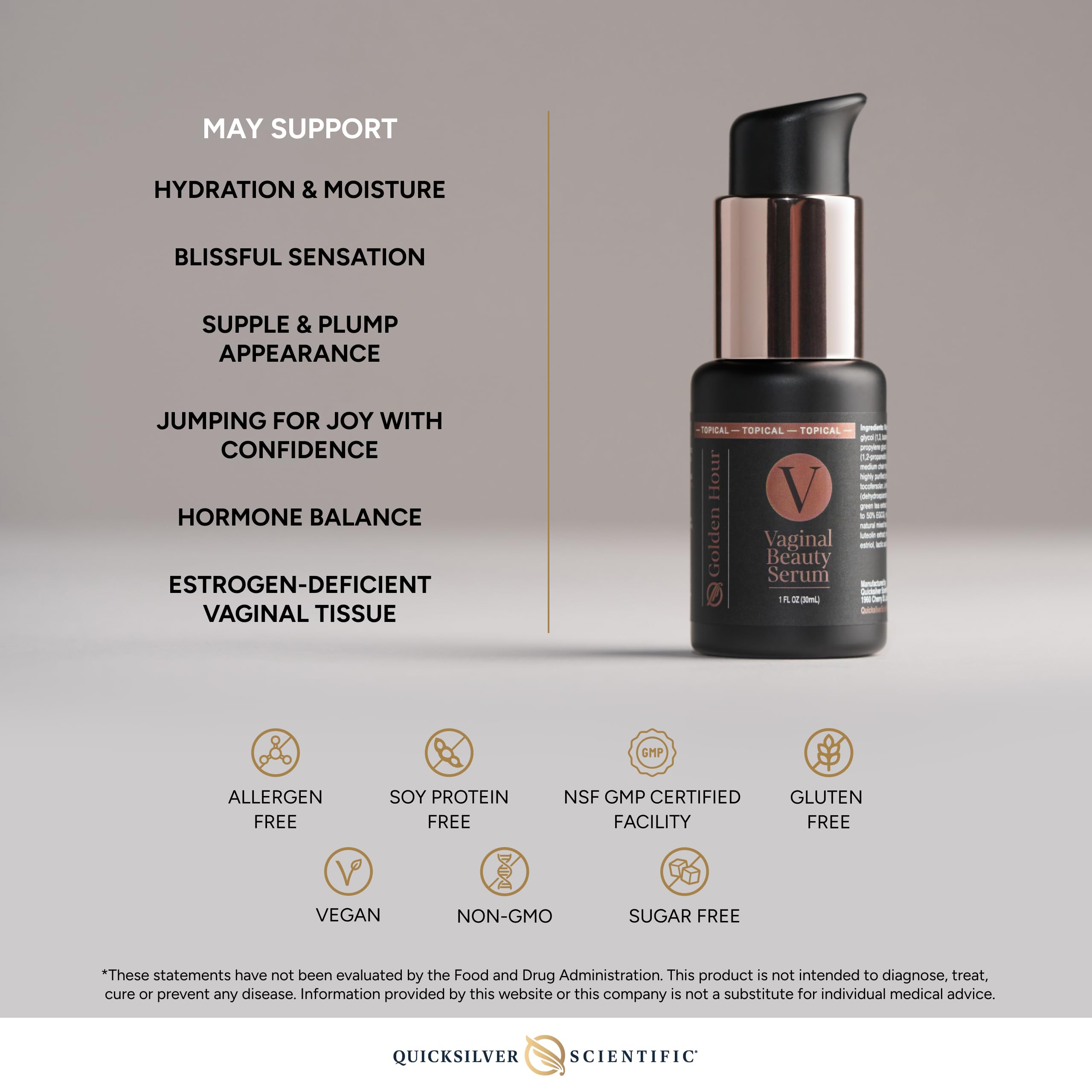 Quicksilver Scientific Vaginal Beauty Serum packaging suggests premium cosmeceutical care.