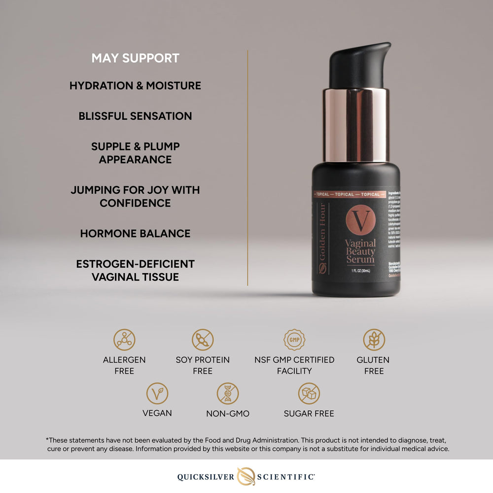 Quicksilver Scientific Vaginal Beauty Serum packaging suggests premium cosmeceutical care.