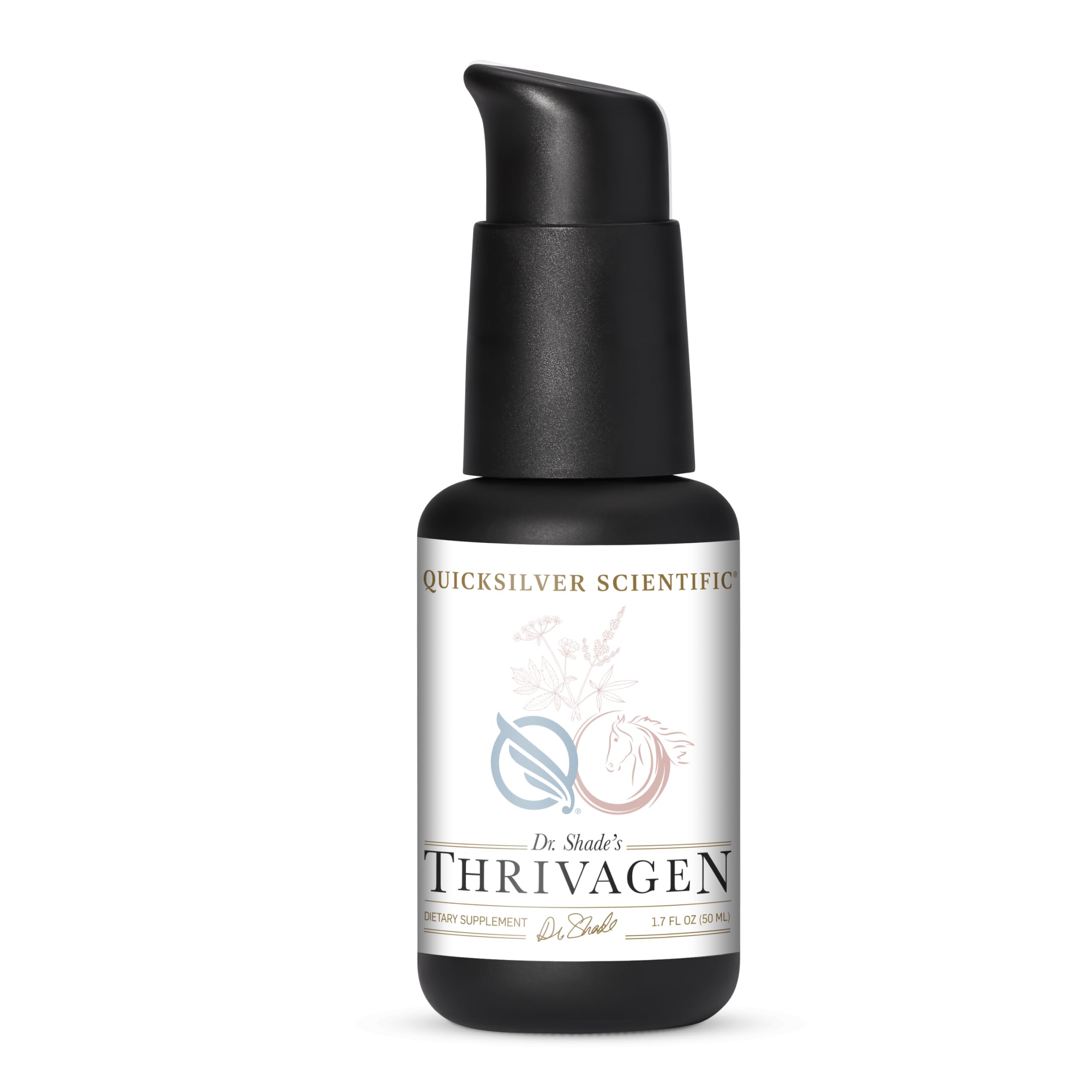 Quicksilver Thrivagen bottle on shelf for daily energy and hormonal balance.