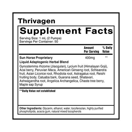 Quicksilver Thrivagen label close-up highlighting adaptogenic botanicals for women health.