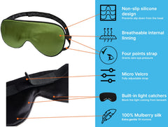 Quietstore green silk sleep mask, ideal for flights and travel.