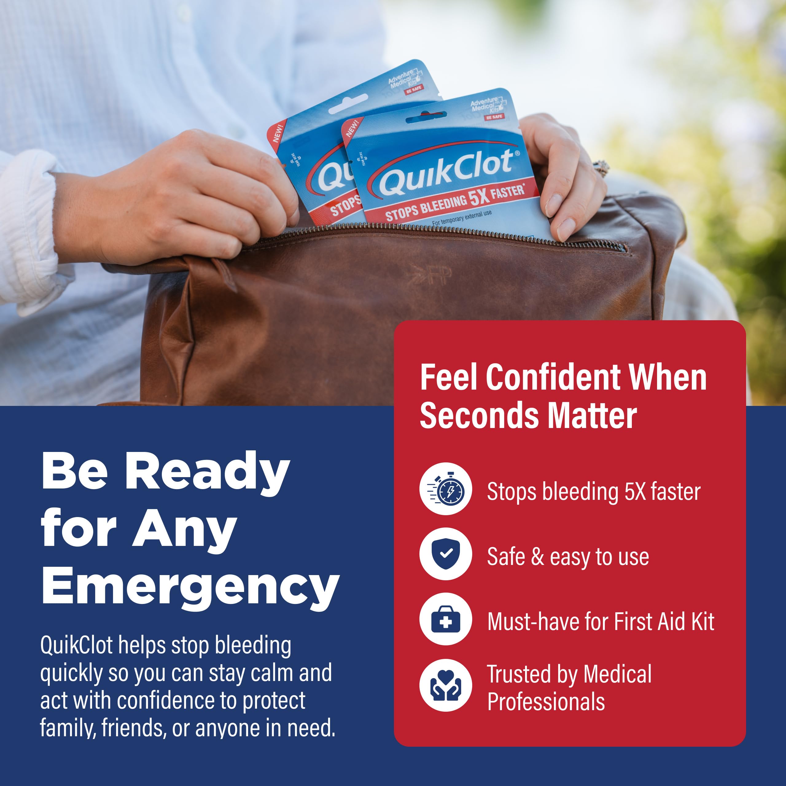QuikClot Advanced Clotting Gauze open pack ready-to-use dressing.